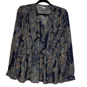 Jessica London JL Studio Blue Paisley Peplum Sheer blouse shirt size 14W